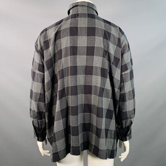 ESKANDAR Size L Black Charcoal Cotton Oversized Checkered Point Collar Shirt - Picture 3 of 6